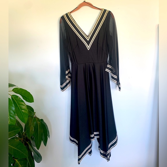 Vintage Dresses & Skirts - 1970’s black cocktail dress with handkerchief skirt and sheer sleeves